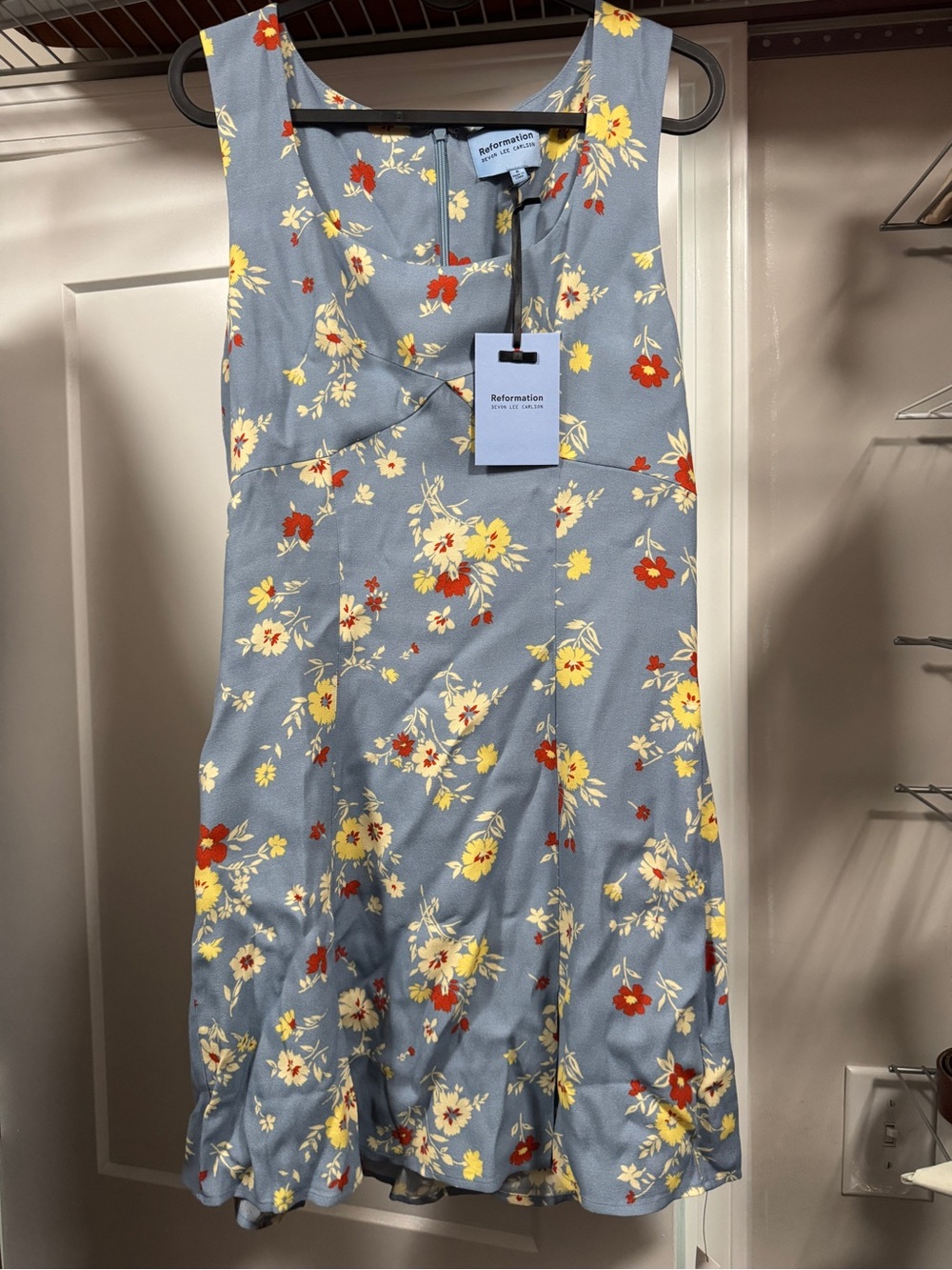 NWT Reformation Dusty Blue Floral Mini Dress with Yellow & Red Blooms